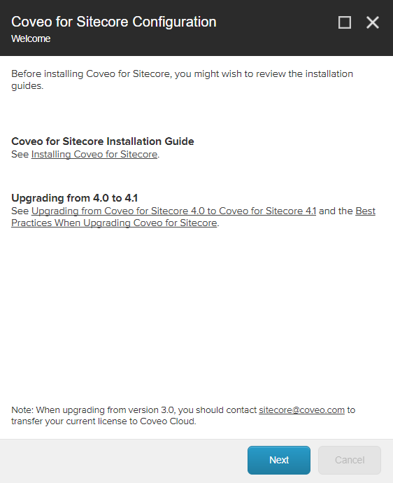When you’re ready to proceed click Next | Coveo for Sitecore 4