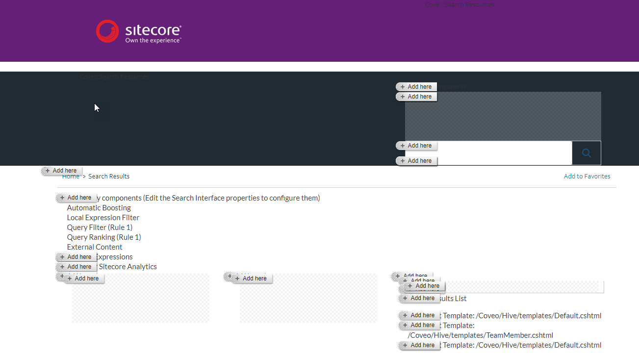 The image below shows placeholders to add facet search box and result list components from the Experience Editor in Coveo…​ | Coveo for Sitecore 4