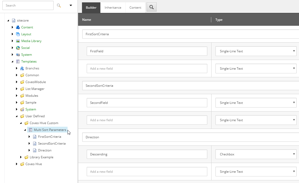 Add two fields: string field SecondField and checkbox Descending | Coveo for Sitecore 4