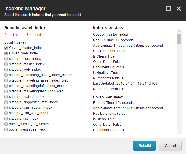 In the Indexing Manager dialog select the indexes that you want to rebuild | Coveo for Sitecore 4