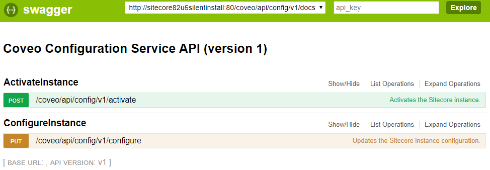 You can also see the documentation for the provided calls by accessing the Swagger UI available under…​ | Coveo for Sitecore 4