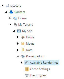 Open the Sitecore Content Tree and under your tenant and site locate the Available Renderings item | Coveo for Sitecore 4