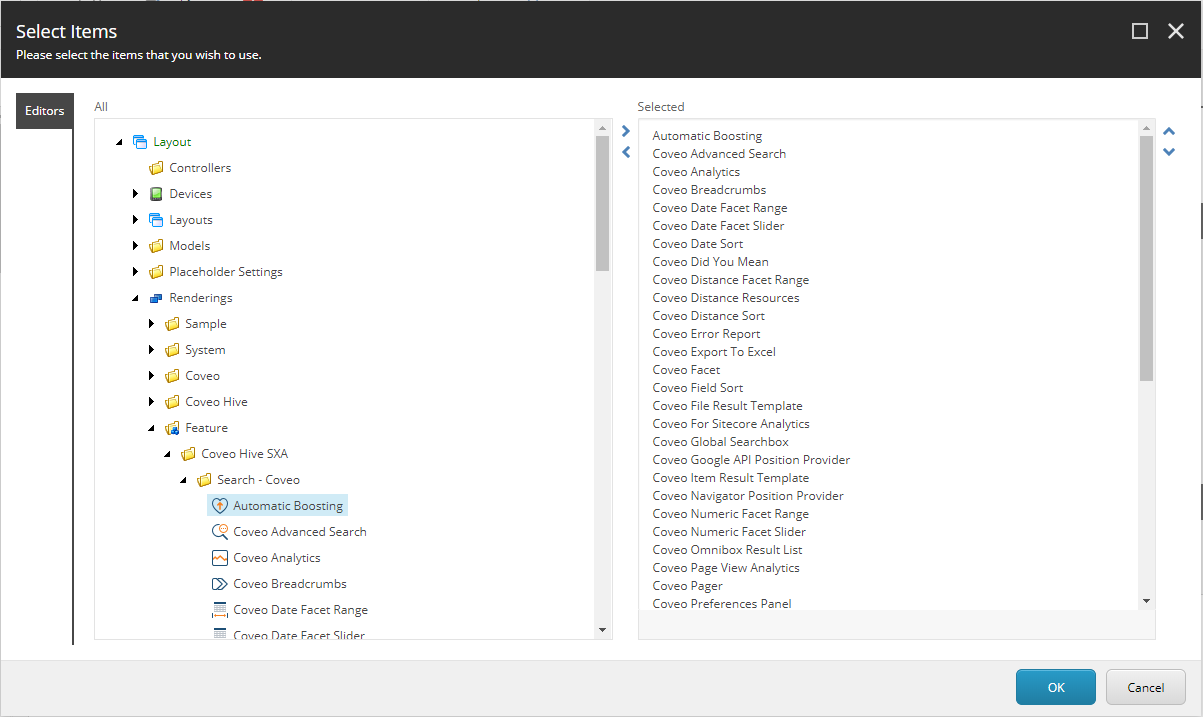 Edit the Renderings field and add the Coveo components | Coveo for Sitecore 4