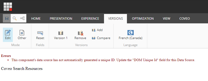 When attempting to edit a Coveo for Sitecore Hive search page using another language version than the default one the page…​ | Coveo for Sitecore 4