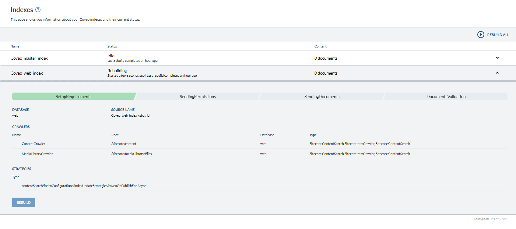 Strategies*: lists the names and types of the strategies defined in the Sitecore configuration | Coveo for Sitecore 4