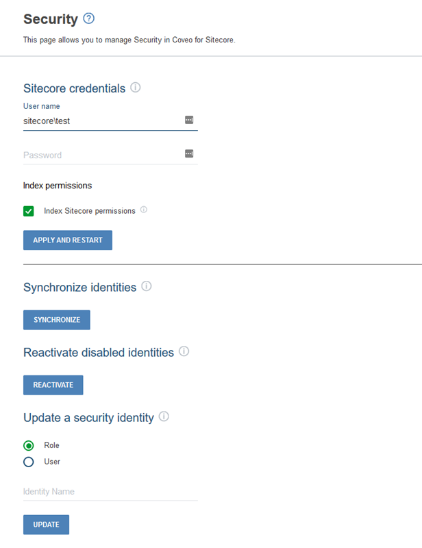 Update a security identity*: Use this option to synchronize a specific identity with its Sitecore equivalent | Coveo for Sitecore 4