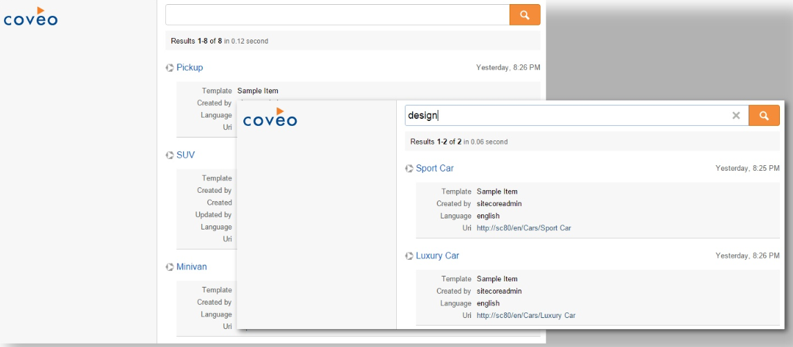 When searching the site with the design query you can see that the selected items appear in the right order | Coveo for Sitecore 4