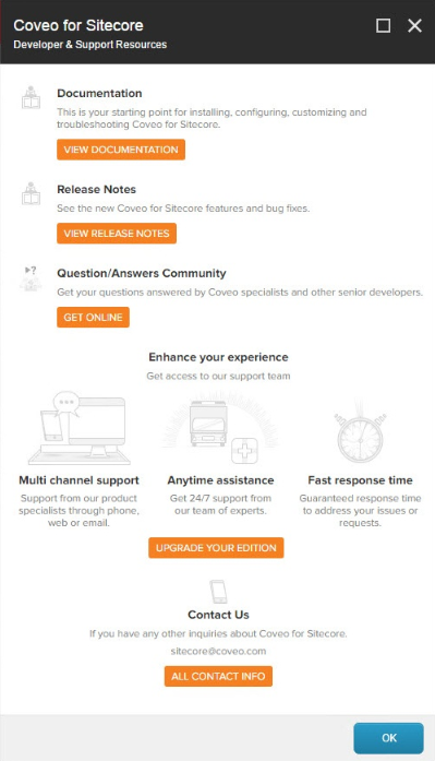 If you don’t have a support plan or if you have one but it’s expired the third link will appear as Subscribe to a Support Plan | Coveo for Sitecore 4