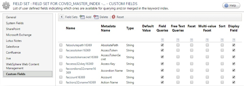 CES Administration Console showing the Field Set for the Coveo Master Index