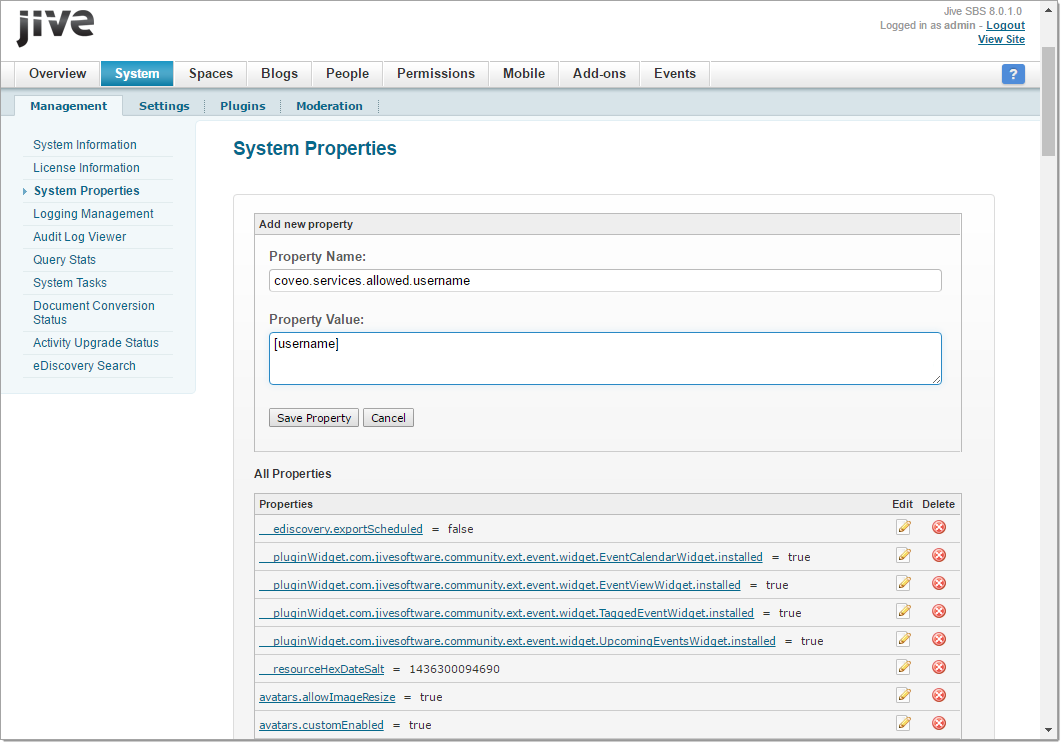 Jive Add New Property screen | Coveo