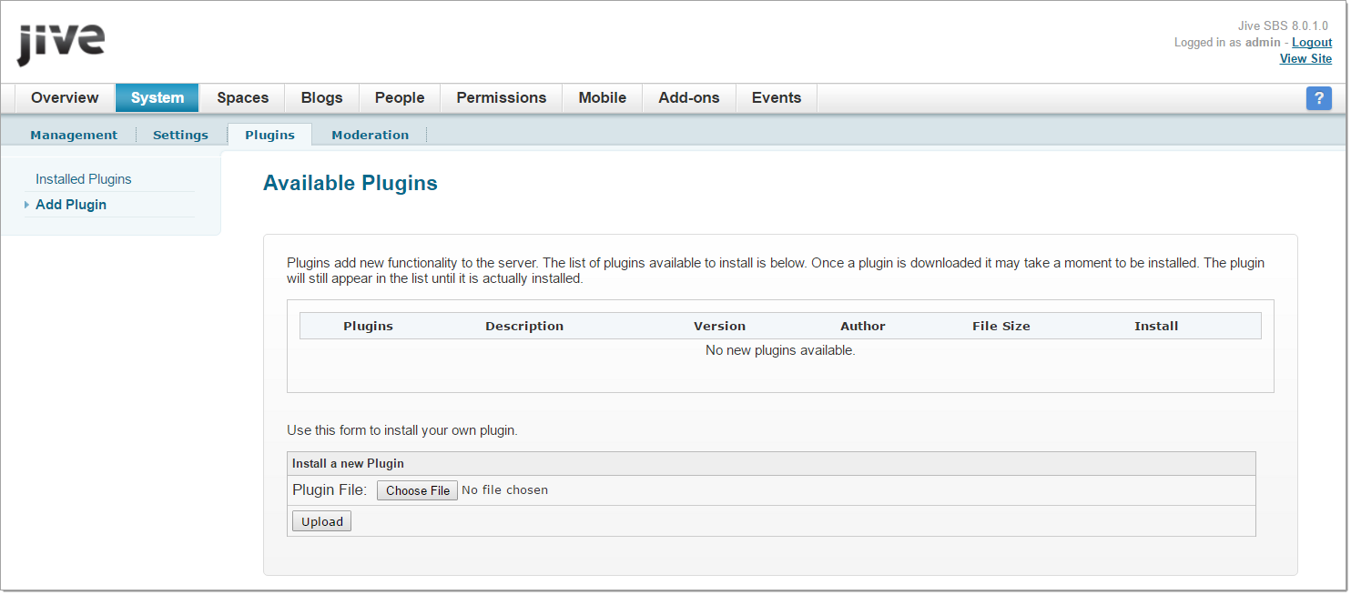 Available plugins screen in Jive administrator interface | Coveo