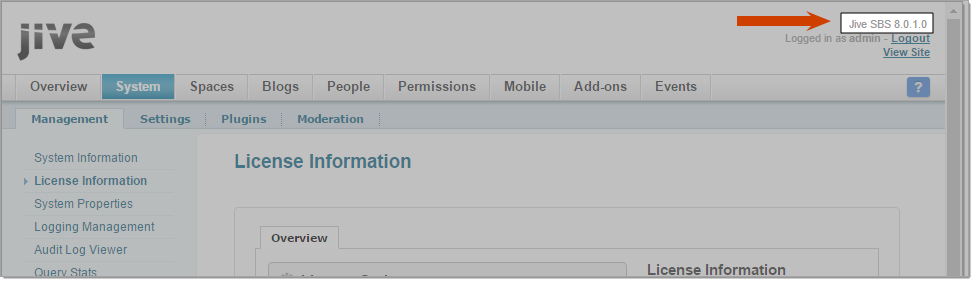 Jive administrator interface showing version information | Coveo