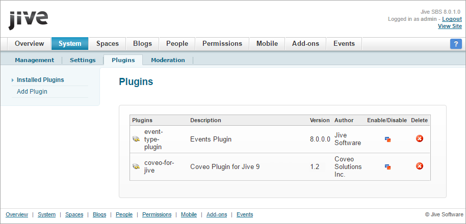 Jive plugins management screen showing the Coveo plugin