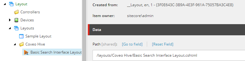 Navigate to the location of the layout item and select it | Coveo for Sitecore 4