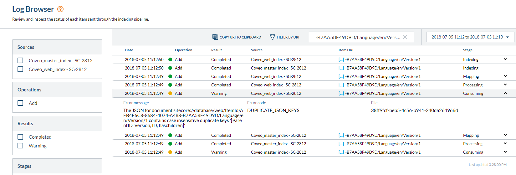When indexing the Coveo Cloud Admin Console raises a warning on an item in the Log Browser with a The JSON for document…​ | Coveo for Sitecore 4