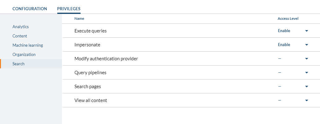 The SearchApiKey needs the following privileges (when creating the key using the Cloud Platform Administration Console) | Coveo for Sitecore 4