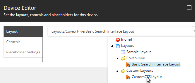 In the Device Editor dialog select your new layout item using the Droptree field | Coveo for Sitecore 4