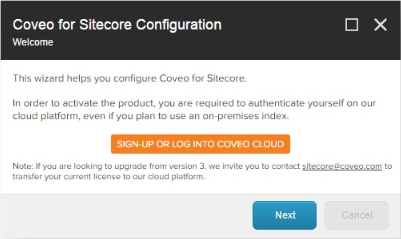 In the Log into or Create you Cloud Organization window | Coveo for Sitecore 4
