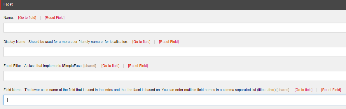 The Field Name field must be set to the name of the Sitecore field previously configured as isFacet="true" in the…​ | Coveo for Sitecore 4