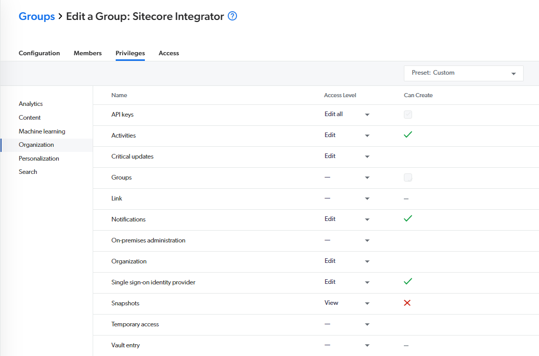 Ensure that the group has no access on the Groups privilege domain | Coveo for Sitecore 4
