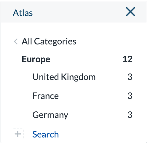 Category facet filter showing Europe United Kingdom France and Germany options - Coveo
