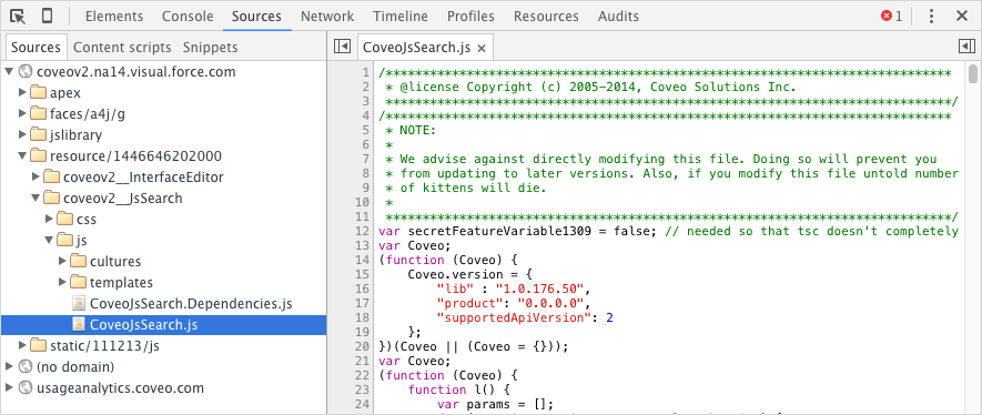 Chrome DevTools showing Coveo JavaScript source code | Coveo