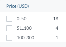 Coveo range facet UI showing Price USD with three selectable ranges: 0-50, 51-100, and 100-300
