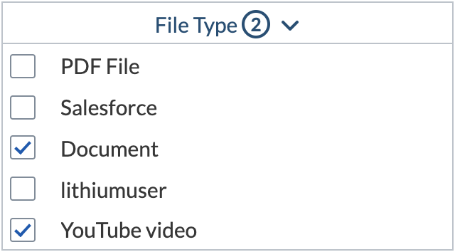 Filter options for file types including PDF Salesforce Document lithiumuser and YouTube video - Coveo