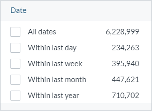 Timespan facet filter options showing date ranges and result counts - Coveo