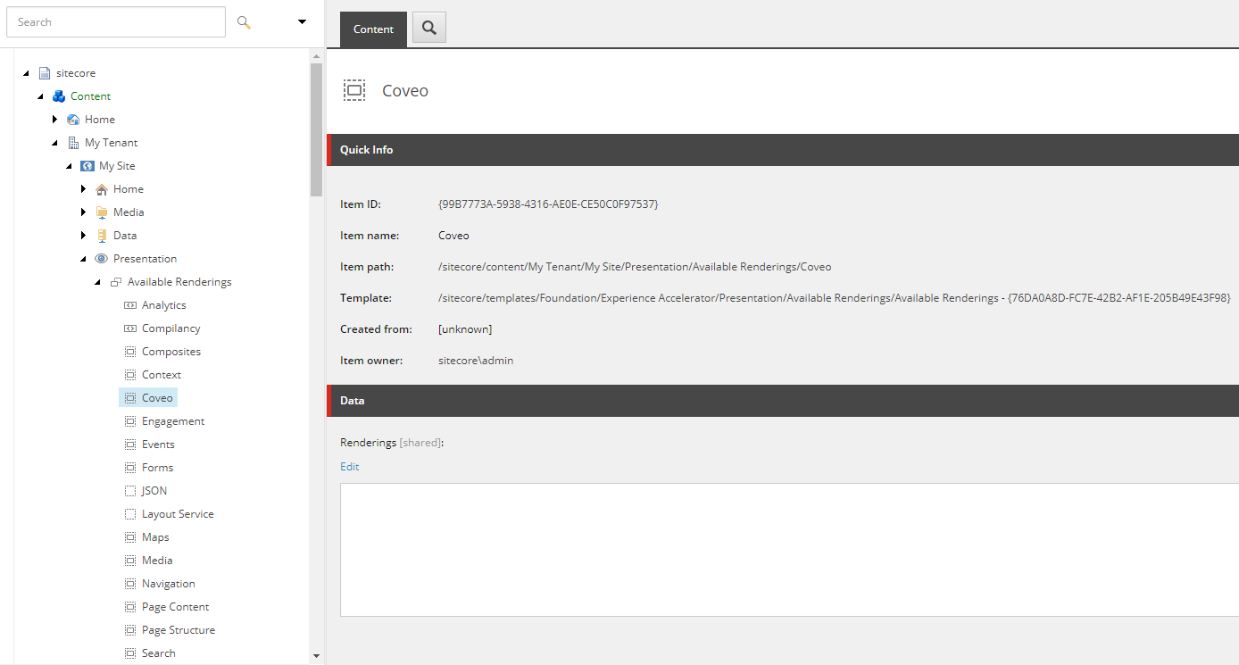 Adding a Coveo available renderings item | Coveo for Sitecore 5