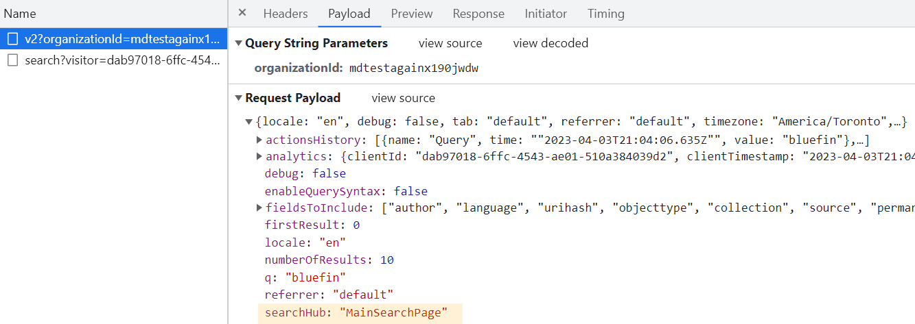 Browser developer tools showing Search API call headers