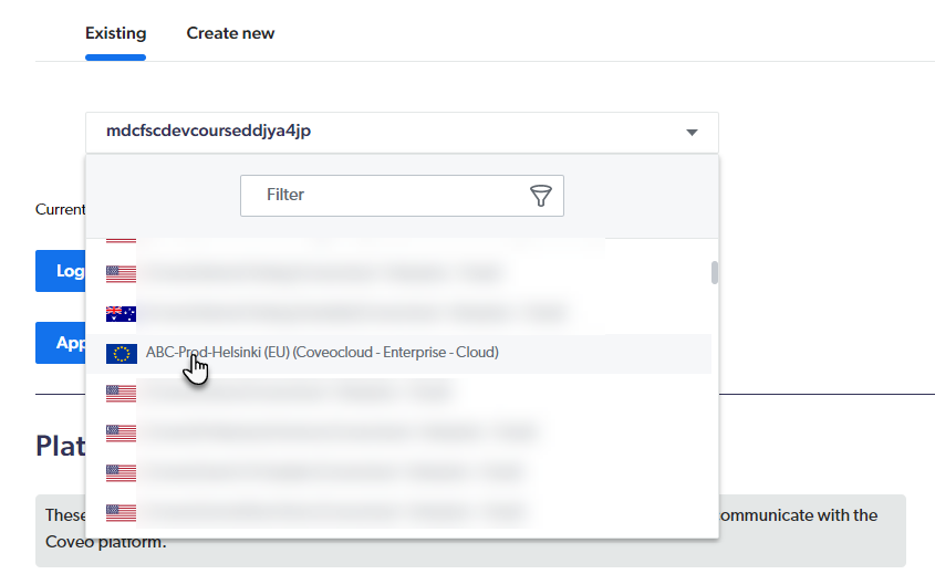 Image of Select Organization dropdown menu with region flags | Coveo for Sitecore 5