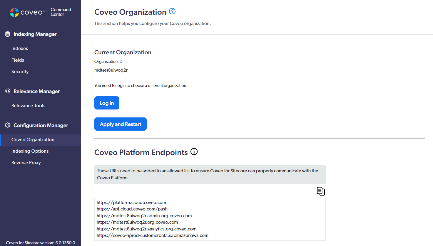 Command center Configuration Manager | Coveo for Sitecore 5