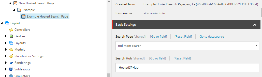 Image showing data source of an Example Hosted Search Page branch | Coveo for Sitecore 5