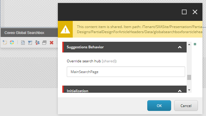 Image showing override search hub field in global searchbox data source | Coveo for Sitecore 5