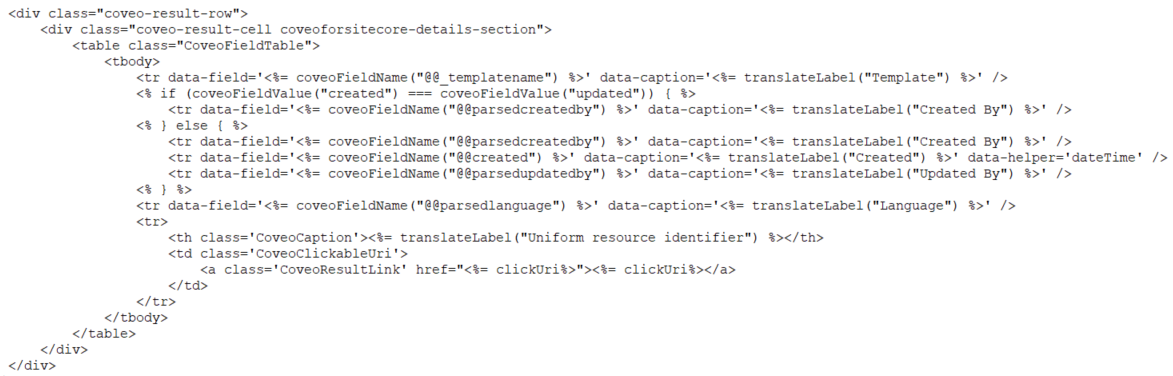 Image showing code associated with the sample result template | Coveo for Sitecore 5