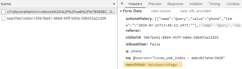 Browser developer tools showing Search API call headers