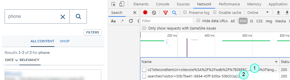 Search API and usage analytics calls in the browser developer tools