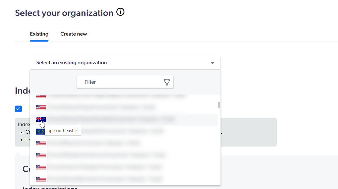 Image of Select Organization drop-down with region flags | Coveo for Sitecore 5