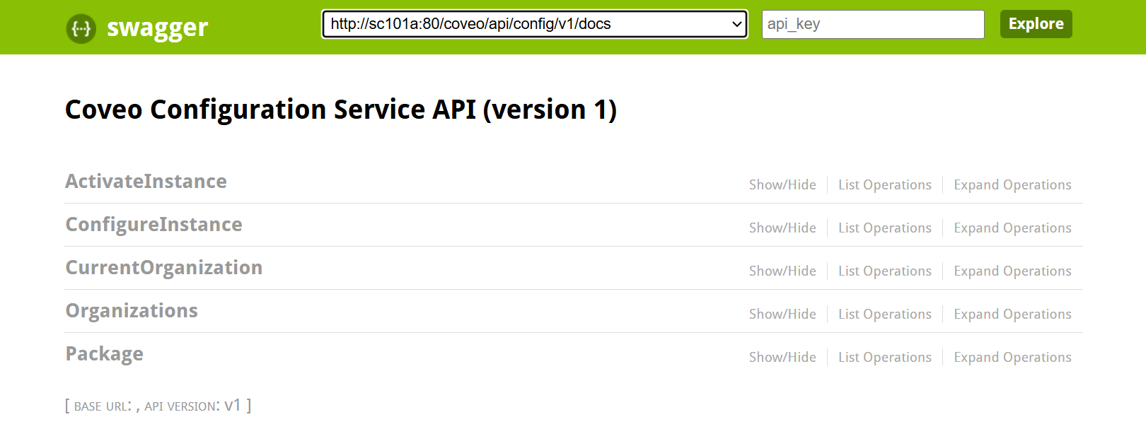 Swagger UI for Configuration and Activation services | Coveo