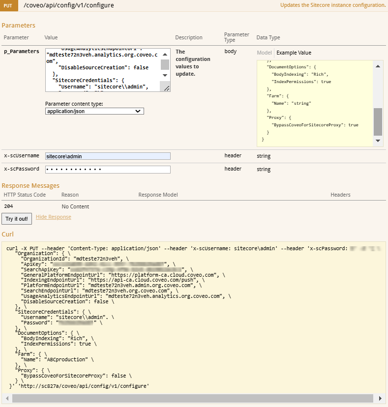 Coveo for Sitecore Swagger Configure request