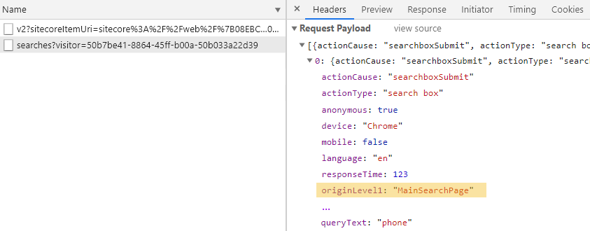 Browser developer tools showing usage analytics call headers