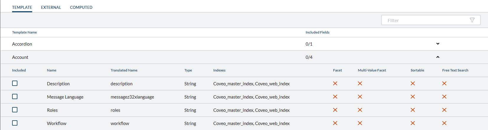 Screenshot of the Command Center template fields section with the account template expanded | Coveo