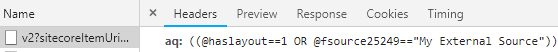 Browser tools showing a search call that uses a translated name for the source field rather than simply source | Coveo