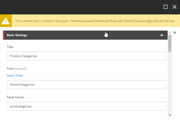 Screenshot of the Category facet data source with the aforementioned fields populated | Coveo