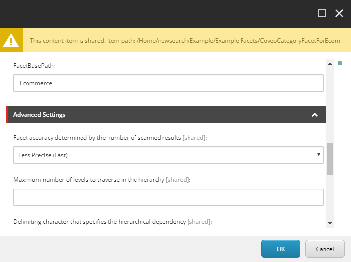 Screenshot of the category facet data source with the facet base path field set to ecommerce