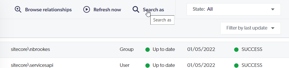 Screenshot showing the list of security identities with one identity selected and the user clicking Search as  | Coveo