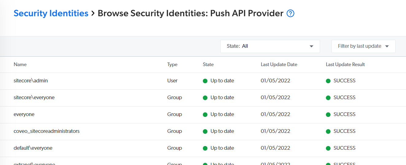 List of security identities with names types states and update dates in the Coveo Administration Console