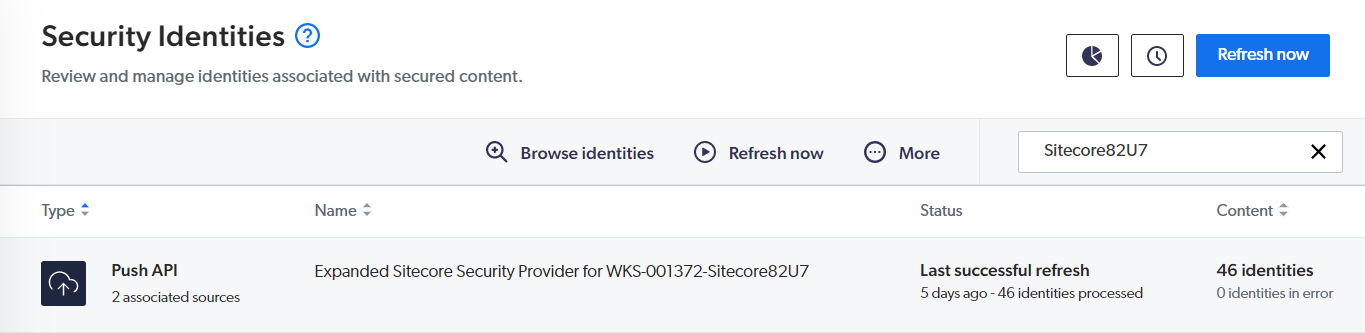 Screenshot of the Coveo Administration Console Security Identities page showing the Expanded Sitecore Security Provider security provider | Coveo