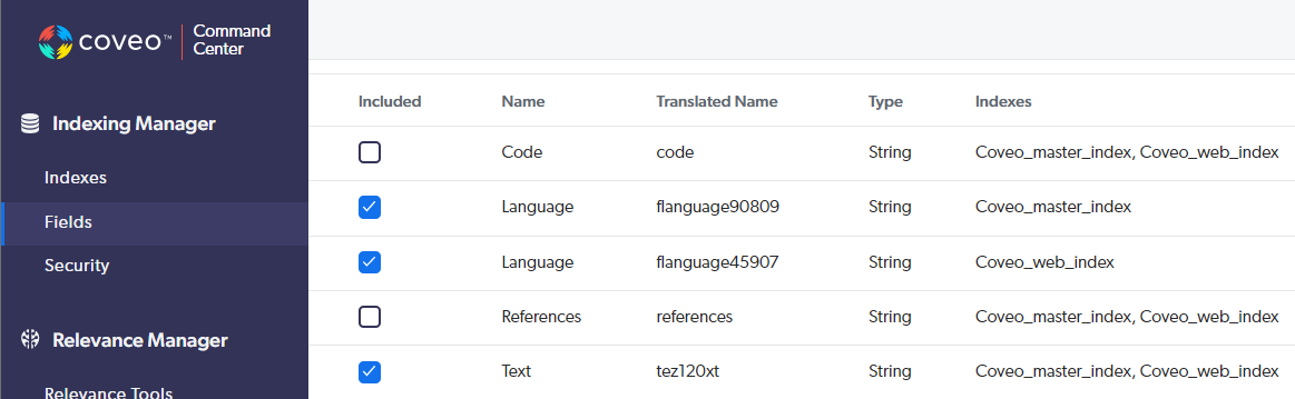 Command Center showing Coveo field names | Coveo for Sitecore